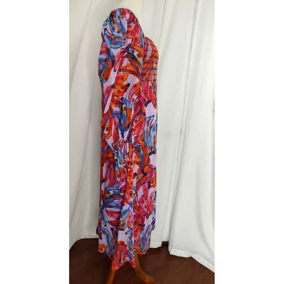 FARM Rio Maxi Dress L Coloured Bananas Puff Sleeves Smocked Tropical - Picture 6 of 15